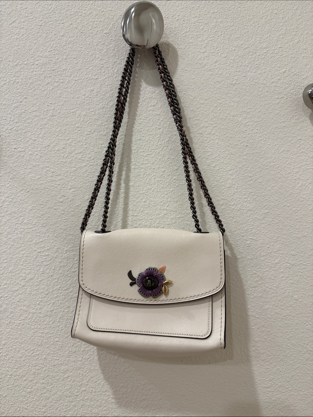 Coach Cream Leather Crossbody with Purple Floral Charm